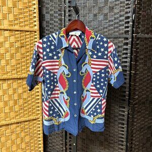 Spencer Jeremy Womens Vintage Blouse Small Blue Printed Silk Flag and Chain